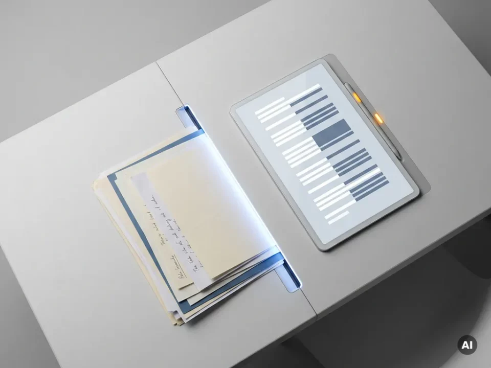 Stapel gemengde papierdocumenten op een scanoppervlak met geordende lichtbanen in wit, leisteenblauw en amber.