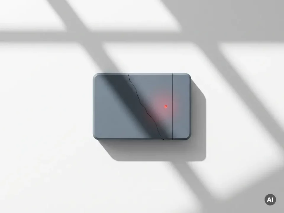 Gebarsten digitaal slot op wit bureau met rode waarschuwingslamp en geometrische schaduwen, symboliseert een beveiligingslek.