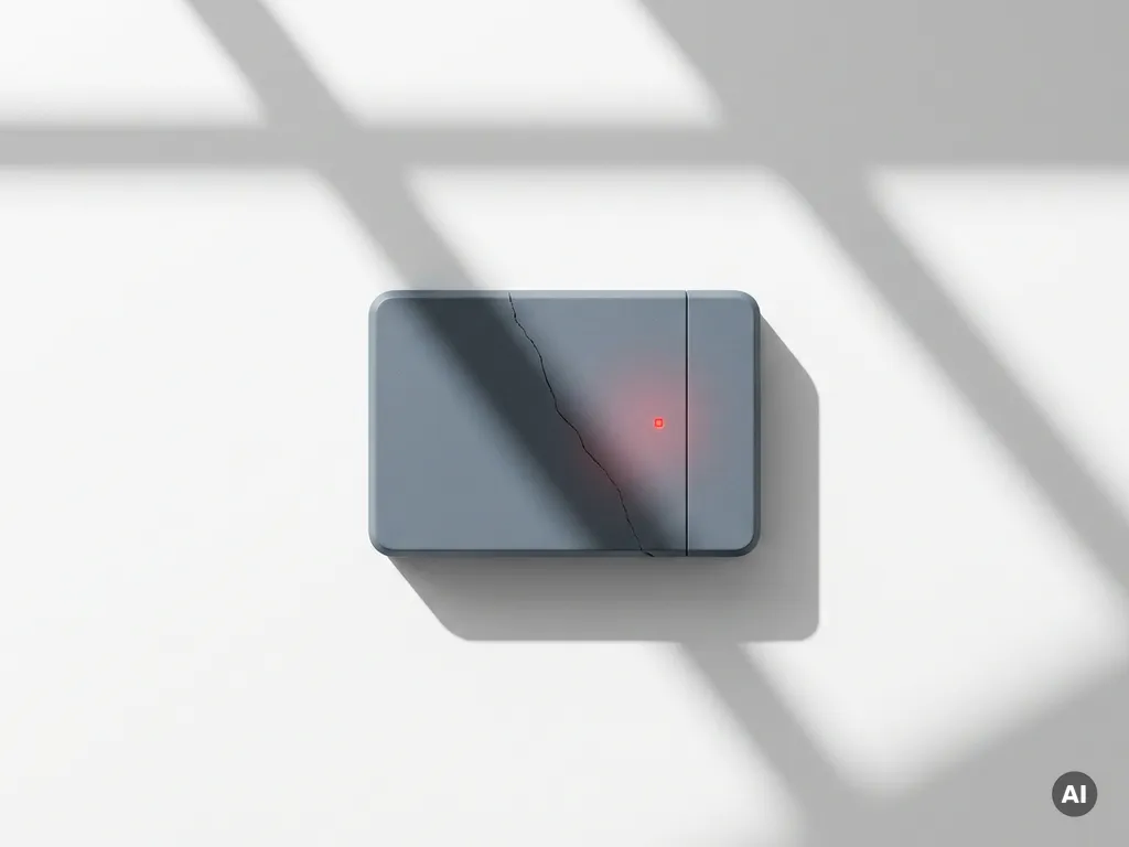 Gebarsten digitaal slot op wit bureau met rode waarschuwingslamp en geometrische schaduwen, symboliseert een beveiligingslek.