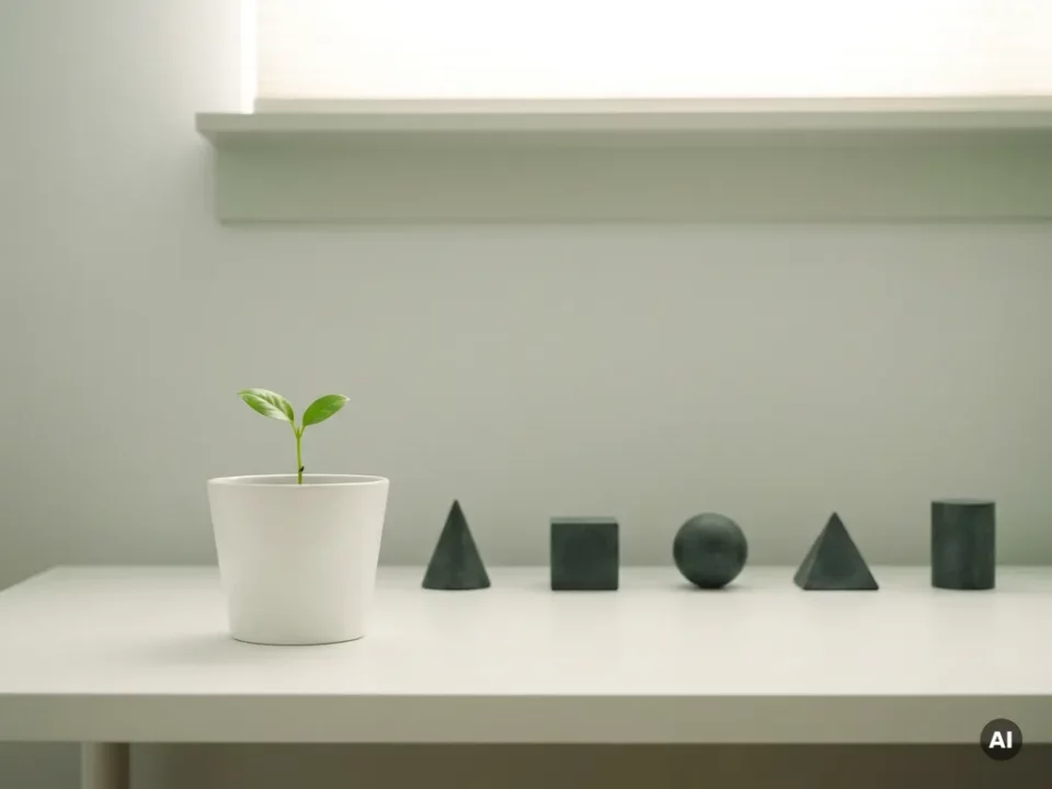 Kleine groene zaailing in witte keramieken pot op minimalistisch bureau, omringd door vijf geometrische stenen markers.
