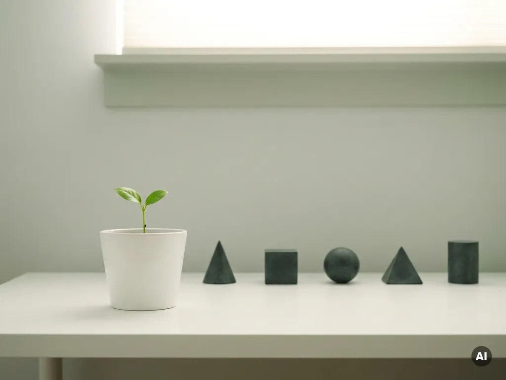 Kleine groene zaailing in witte keramieken pot op minimalistisch bureau, omringd door vijf geometrische stenen markers.