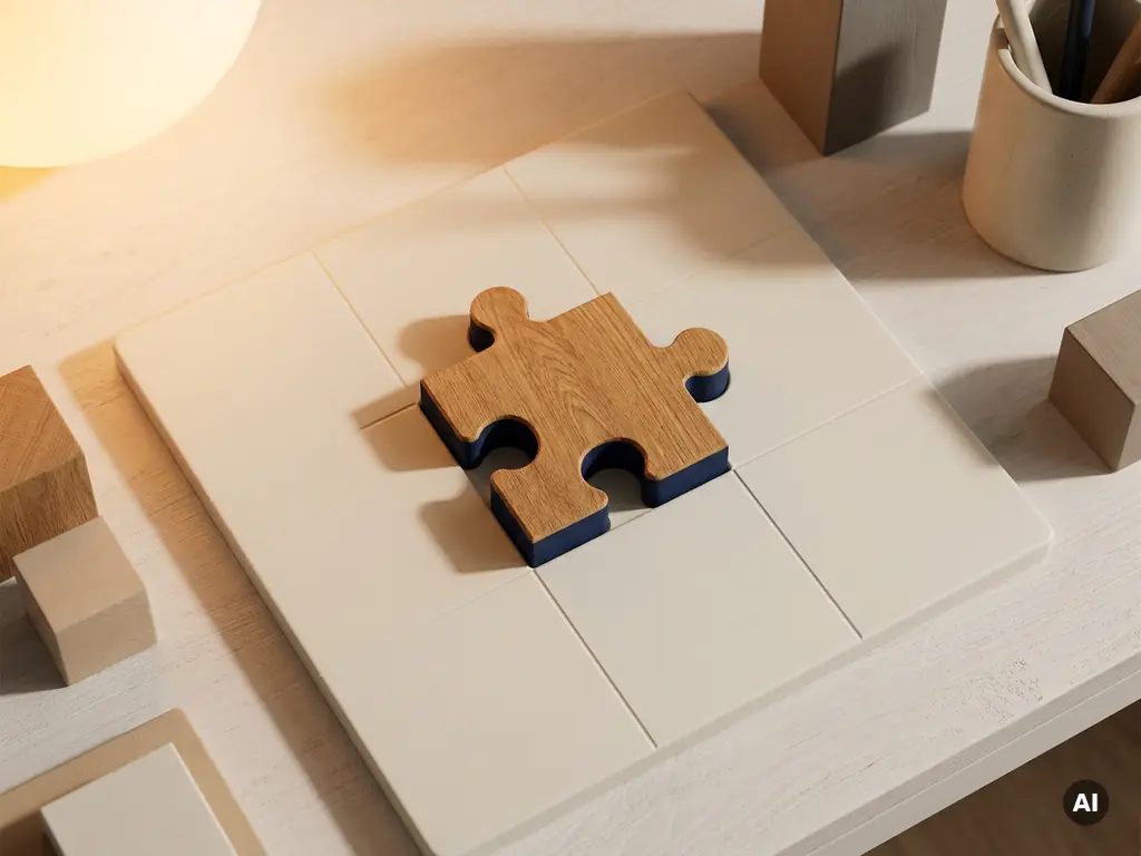 Houten puzzelstuk dat naadloos in een wit raster past, gefotografeerd van bovenaf op een minimalistisch bureau met warm amberkleurig licht.