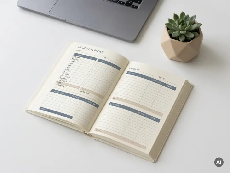 Open jaarbudgetplanner op wit bureau met klein vetplantje, laptop op de achtergrond, stijlvolle bovenaanzicht flatlay.