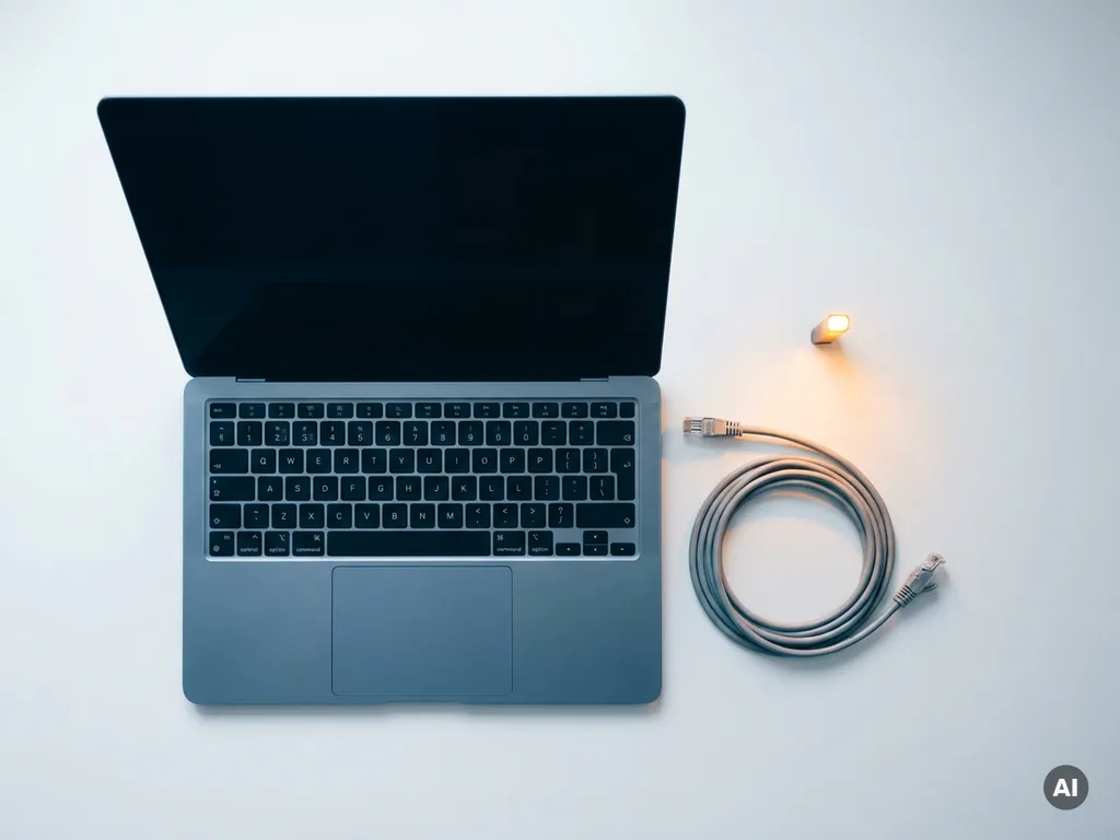 Laptop met uitgeschakeld scherm op wit bureau, losgekoppelde ethernetkabel ernaast, minimalistische bovenaanzicht compositie.