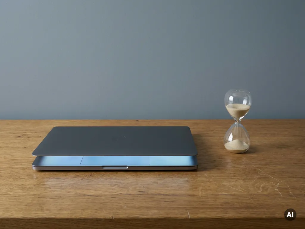 Verweerde eiken bureau met een slanke laptop en zandloper met stromend zand op grijze achtergrond.