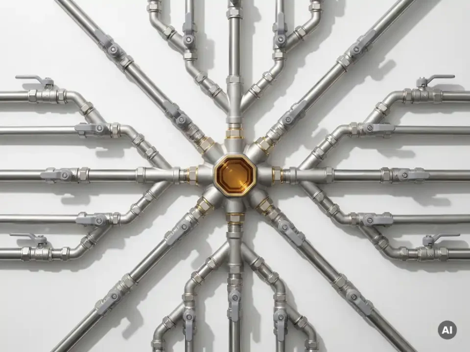 Symmetrisch netwerk van metalen buizen en kleppen in bovenaanzicht, met een centrale connector in warm amber en zilvergrijze tinten.