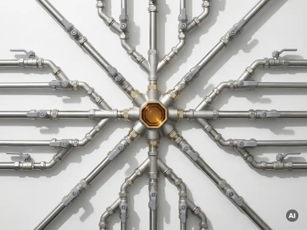 Symmetrisch netwerk van metalen buizen en kleppen in bovenaanzicht, met een centrale connector in warm amber en zilvergrijze tinten.