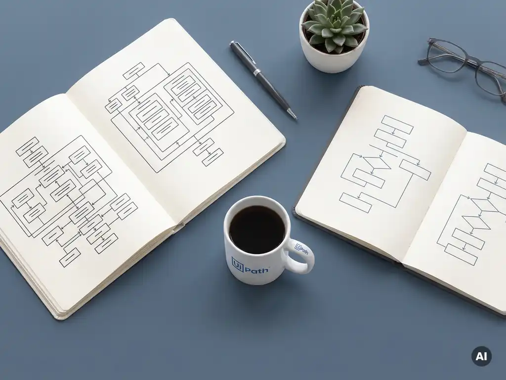 Ontwikkelaarsbureau met twee notitieboeken naast elkaar, één met complexe diagrammen en één met overzichtelijke flowcharts, en een koffiemok.