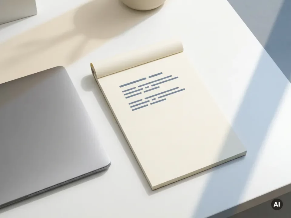 Notitieboek met handgeschreven checklist op wit bureau naast laptop, strak bovenaanzicht in neutrale tinten.