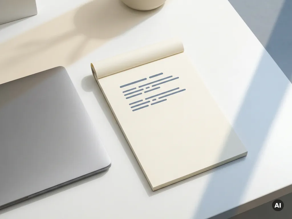 Notitieboek met handgeschreven checklist op wit bureau naast laptop, strak bovenaanzicht in neutrale tinten.