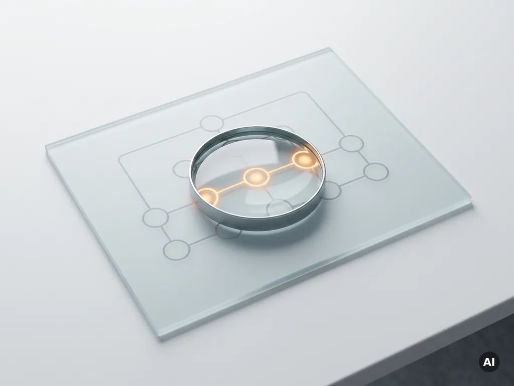 Vergrootglas over een strak stroomdiagram op matglas met gloeiende amberkleurige knelpunten langs een procespad.