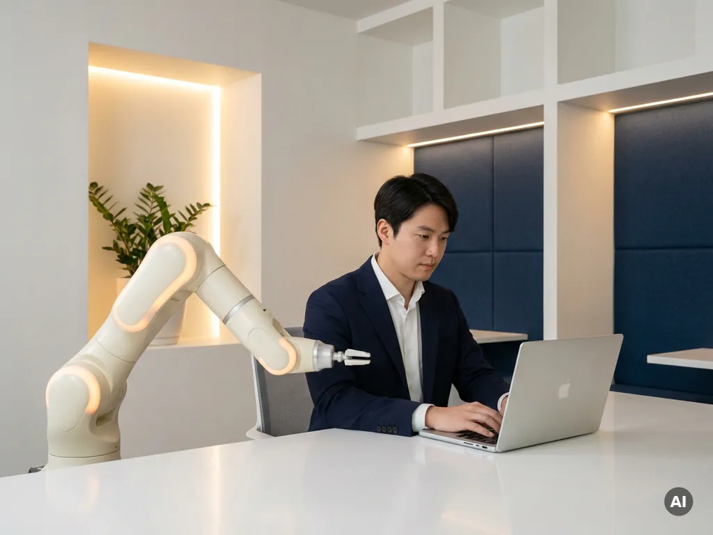 Professional aan minimalistisch bureau met laptop, symbolische robotarm op de achtergrond in wit, marineblauw en amber interieur.