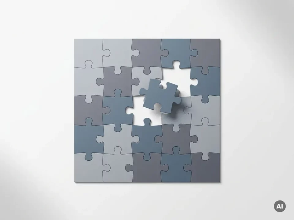 Onafgemaakt puzzel op wit bureau met één zwevend puzzelstukje boven zijn unieke uitsparing, minimalistische compositie in grijs en leisteenblauw.