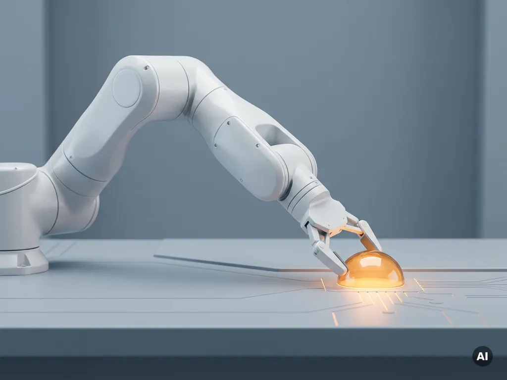 Witte robotarm reikt naar een gloeiend amberkleurig knooppunt op een minimalistische grijze tafel met subtiele circuitlijnen.
