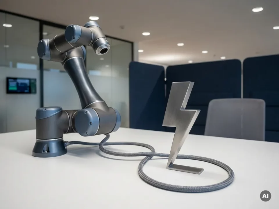 Robotarm en bliksemboltsymbool verbonden door één kabel op wit oppervlak, moderne software-consultancy omgeving in leisteenblauw en grijs.