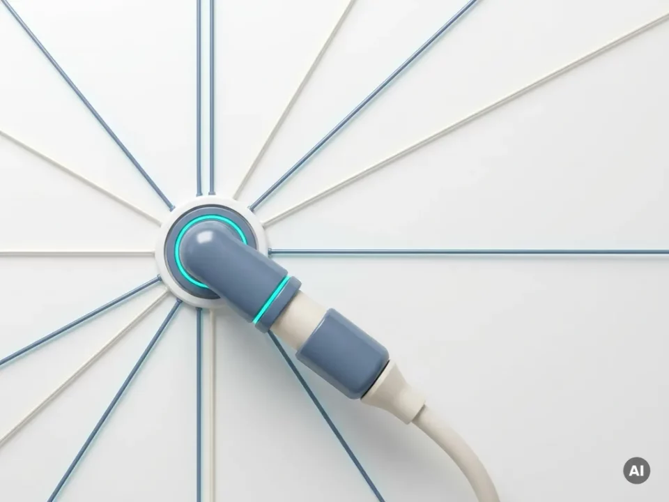 Robotarm-connector die nauwkeurig in een wit serverpaneel wordt gestoken, met symmetrische kabellijnen in leisteenblauw en elektrisch teal.
