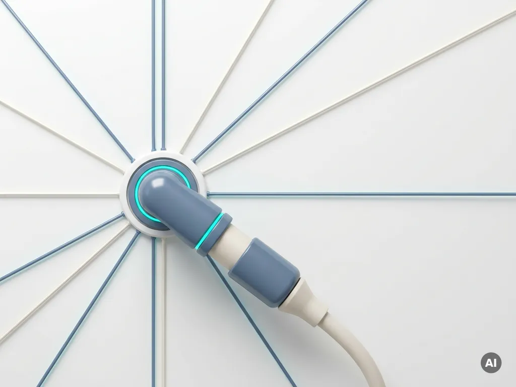 Robotarm-connector die nauwkeurig in een wit serverpaneel wordt gestoken, met symmetrische kabellijnen in leisteenblauw en elektrisch teal.