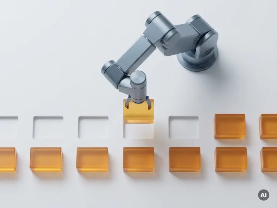 Robotarm sorteert gloeiende amber datablokken op wit oppervlak, één blok zweeft in de lucht, studiobelichting van bovenaf.