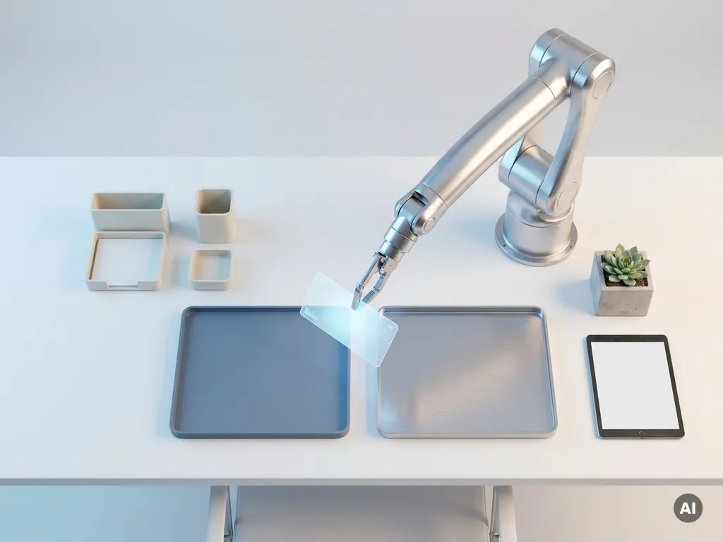 Zilveren robotarm die een gloeiende datakaart verplaatst tussen twee minimalistische bakjes op een wit bureau.