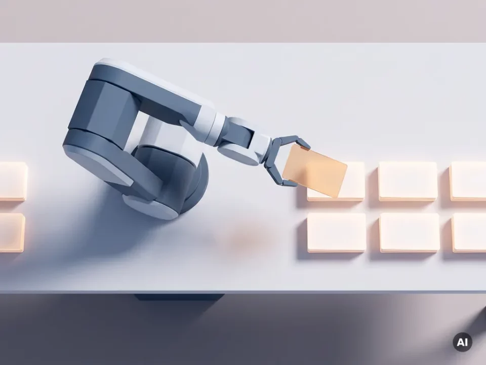 Robotarm sorteert gloeiende witte kaarten op minimalistisch bureau, gerangschikt in perfecte stapels met zacht schaduwspel.