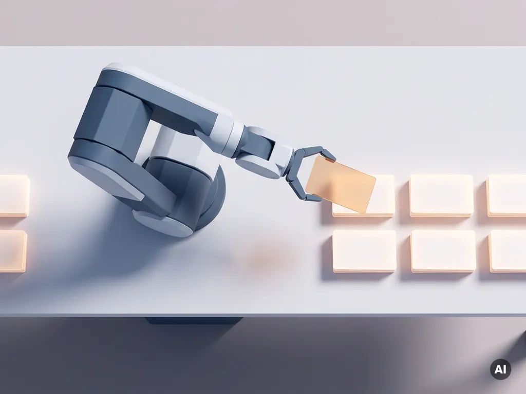 Robotarm sorteert gloeiende witte kaarten op minimalistisch bureau, gerangschikt in perfecte stapels met zacht schaduwspel.