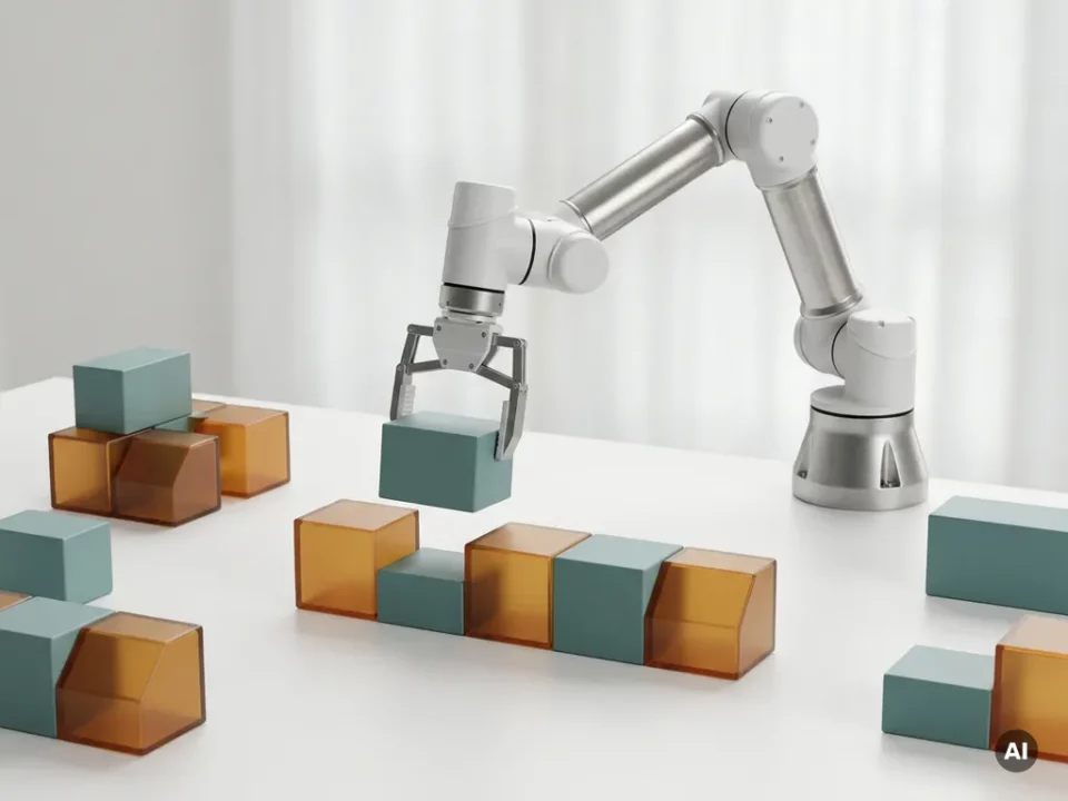 Precisie robotarm boven wit bureau met modulaire procesblokken in teal en amber, verbonden in een strakke workflow, bovenaanzicht.