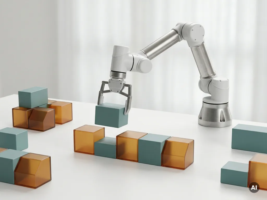Precisie robotarm boven wit bureau met modulaire procesblokken in teal en amber, verbonden in een strakke workflow, bovenaanzicht.