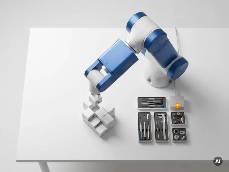 Robotarm van geometrische onderdelen bouwt een modulaire structuur op wit oppervlak, met precisiegereedschap ernaast.