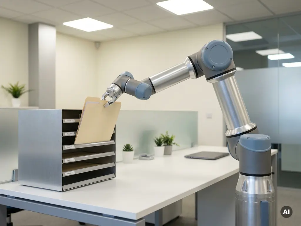 Robotarm van geborsteld aluminium plaatst personeelsdossier in georganiseerd archiefsysteem op modern bureau.
