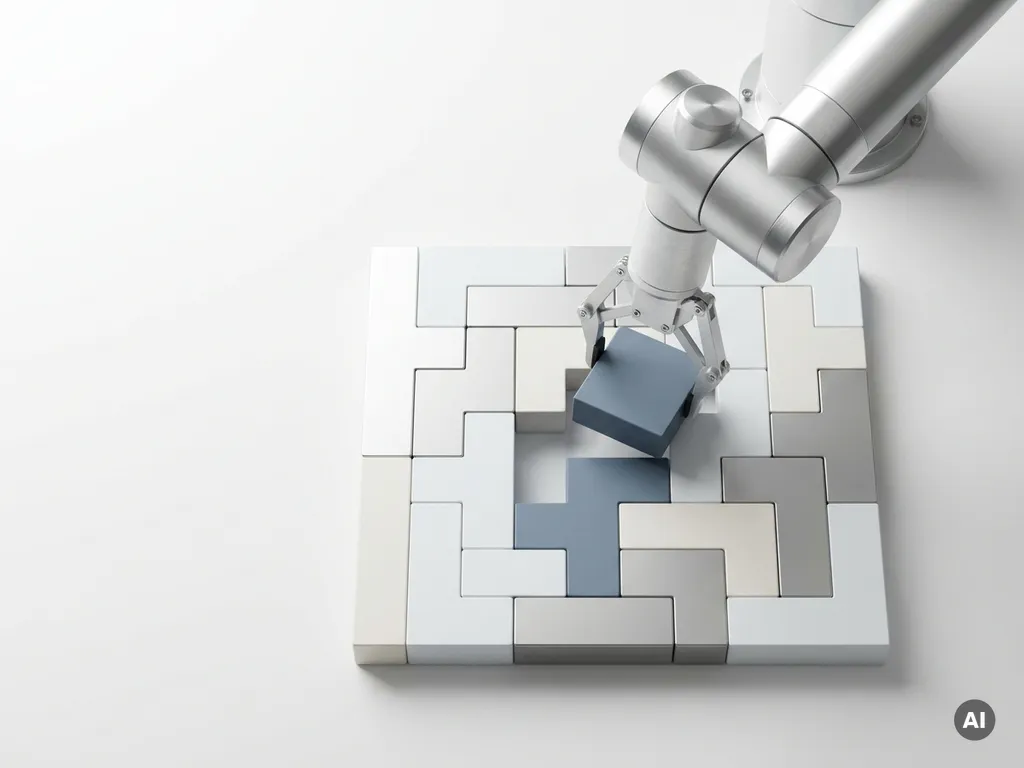Robotarm plaatst het laatste stuk in een geometrische puzzel op wit oppervlak, bovenaanzicht, studiobelichting.
