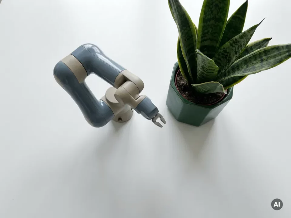 Robotarm en slangenplant naast elkaar op minimalistisch wit bureau, gefotografeerd van bovenaf in natuurlijk diffuus licht.