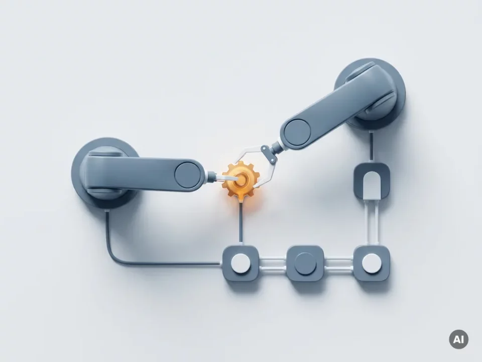Precisie robotarm die een gloeiend tandwiel aanpast in een minimalistische opstelling van onderling verbonden componenten op wit oppervlak.