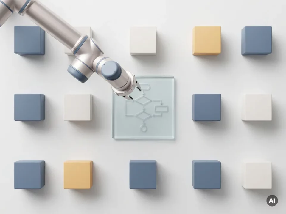 Robotarm plaatst transparante processtroomkaart op wit oppervlak, omgeven door minimalistische geometrische blokken in leisteenblauw en amber.