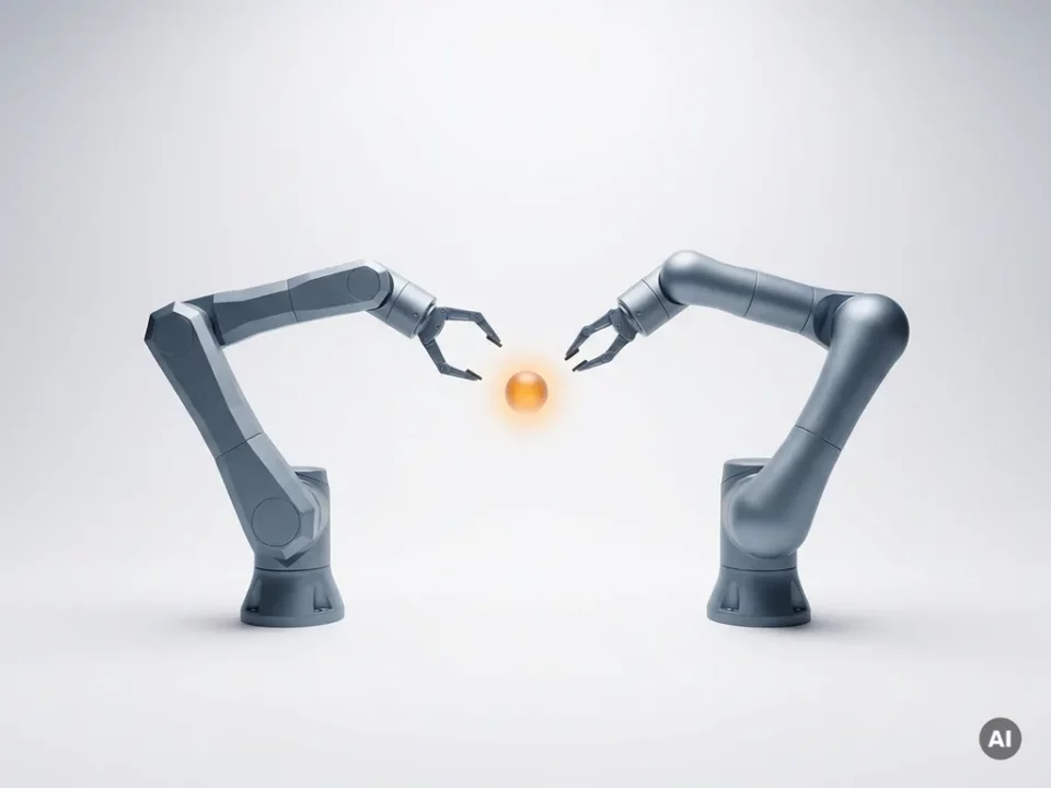 Twee robotarmen in leisteengrijs en amber die reiken naar een gloeiend dataknooppunt op een wit oppervlak.