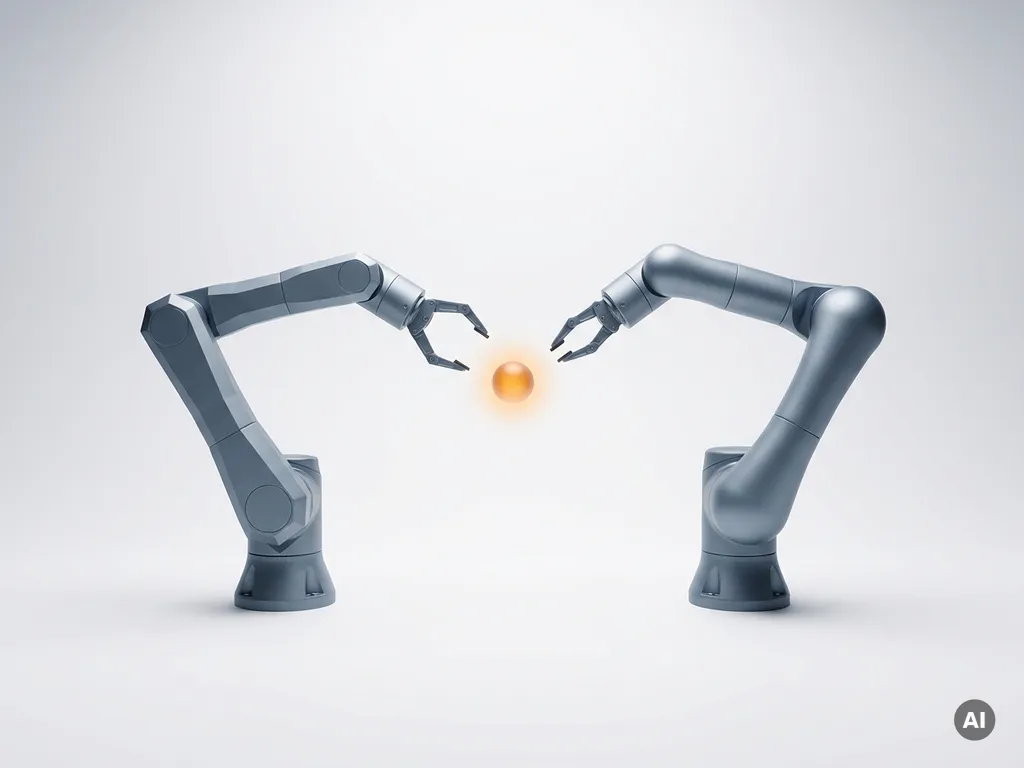 Twee robotarmen in leisteengrijs en amber die reiken naar een gloeiend dataknooppunt op een wit oppervlak.