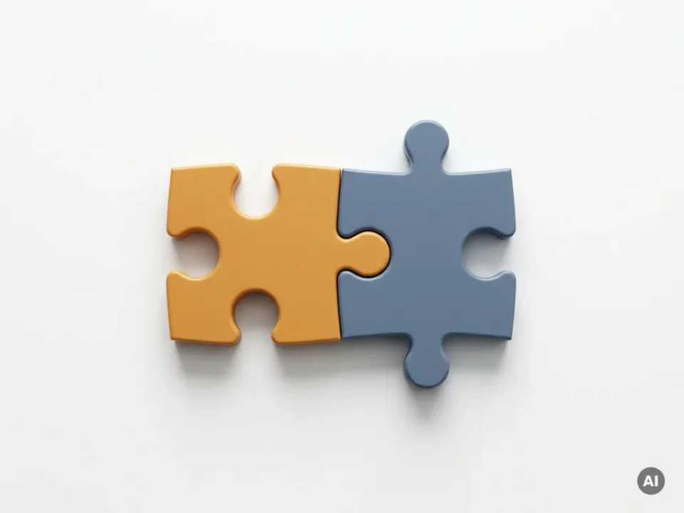 Twee puzzelstukjes in amber en leisteenblauw die in elkaar klikken op een wit bureau, symbool voor zakelijke samenwerking.