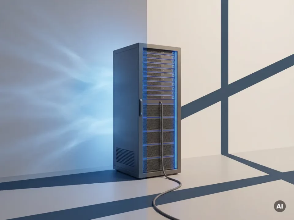 Serverrack in witte ruimte met koelblauw licht en geometrische schaduwen, symboliseert cloudinfrastructuur.