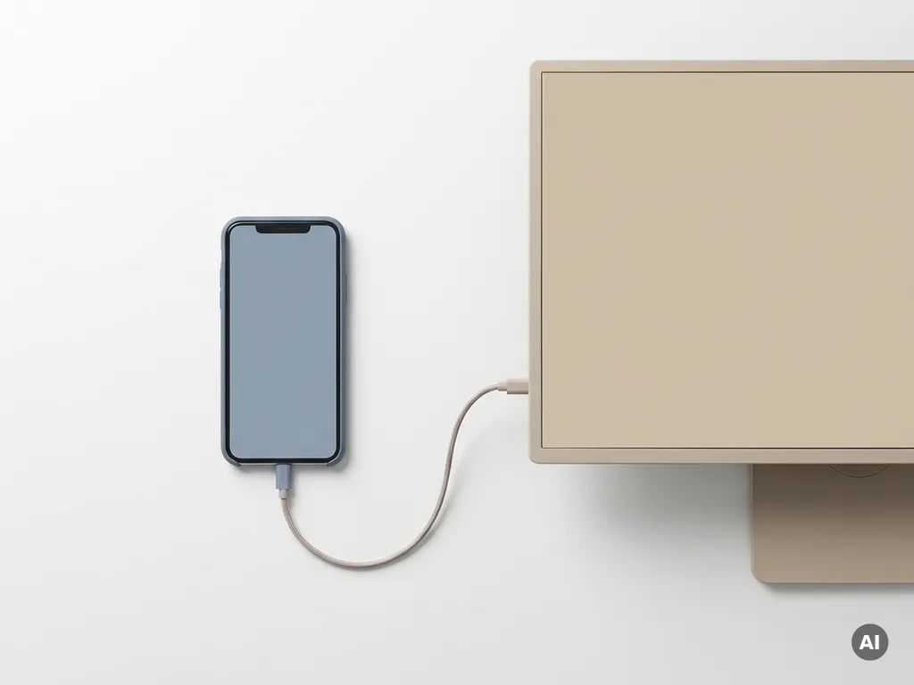 Smartphone en desktopmonitor naast elkaar op wit oppervlak, verbonden door een dunne kabel, in leisteen- en zandtinten.