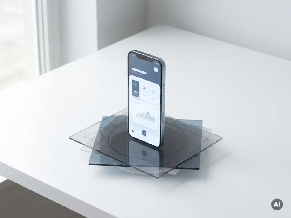 Staande smartphone op wit bureau met gloeiend app-scherm, omgeven door geometrische vormen die webtechnologie symboliseren.