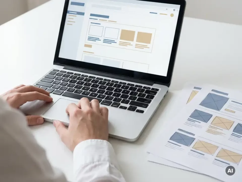 Handen die een strak webinterface bedienen op een laptop, met UI-wireframeschetsen op een wit bureau ernaast.
