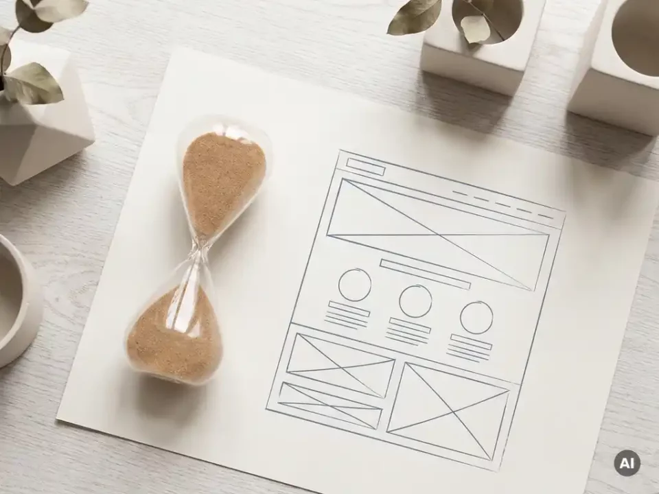 Zandloper naast een wireframe schets van een webinterface op wit tekenpapier, bovenaanzicht met zachte natuurlijke belichting.